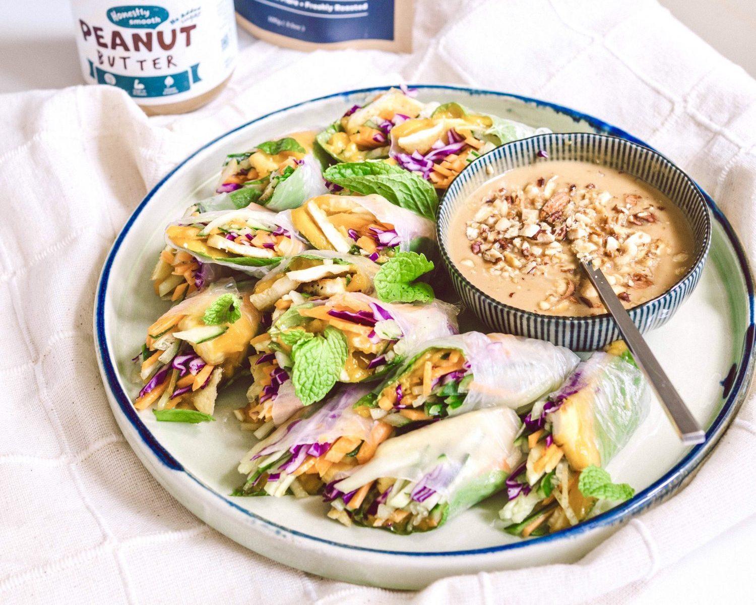 MANGO RICE PAPER ROLLS WITH PEANUT BUTTER DIPPING SAUCE