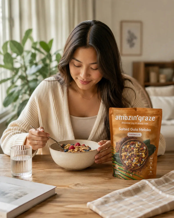  Amazin’ Graze protein granola and oats styled with fresh fruit for a balanced breakfast.