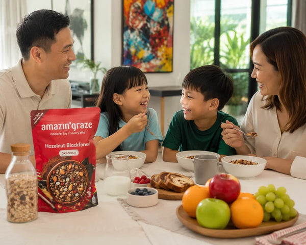 Family enjoying breakfast together with Amazin’ Graze granola, fruit, and bowls of snacks. 