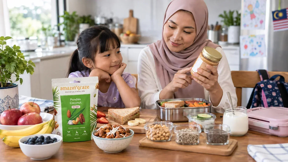 Amazin’ Graze nut mix pouch displayed with assorted nuts and wholesome snack ingredients.