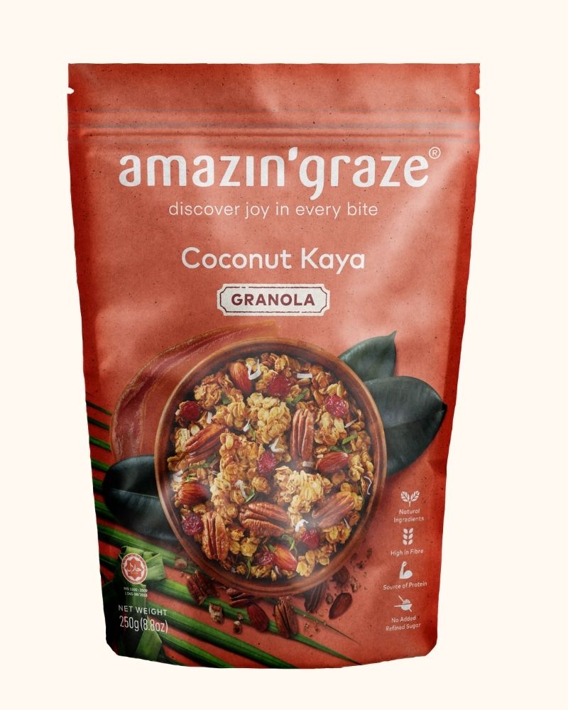 Coconut Kaya Granola with rolled oats, pandan coconut kaya, nuts and cranberries for a wholesome high-fiber breakfast