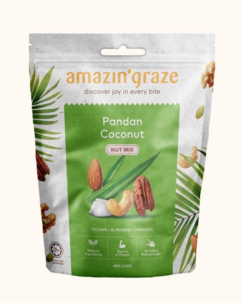 Pandan Coconut Nut Mix with pecans, almonds and cashews coated in coconut and fragrant fresh pandan leaves