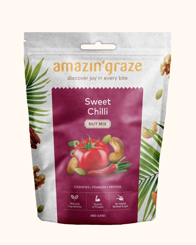 Sweet Chilli Nut Mix with crunchy peanuts and cashews coated in sweet and savoury chilli, tomato, onion and ginger seasoning